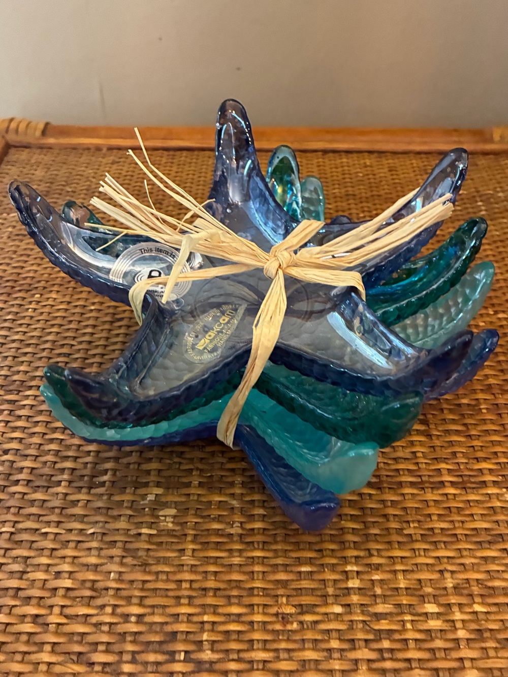 Set of 4 Akcam Turkish Glass Starfish Dessert Plates Blue Teal Ombre Coastal